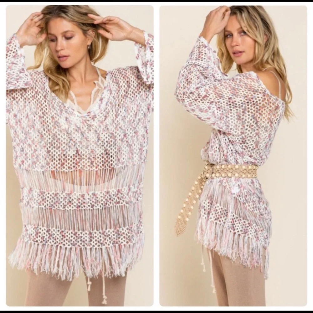 NEW POL Sheer Sexy Fringe Crocheted Tunic - Picture 6 of 9